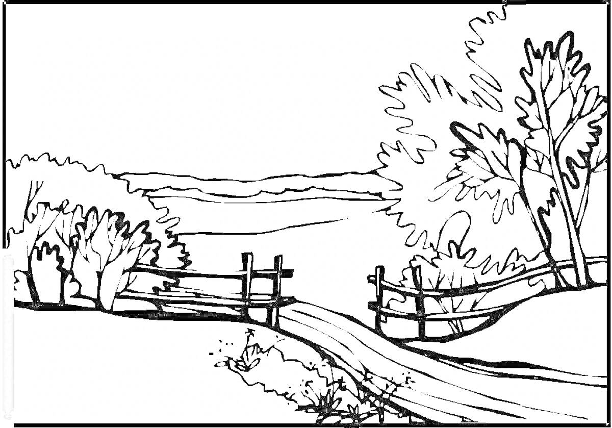 Раскраска Пейзаж родного края с тропинкой, забором и деревьями