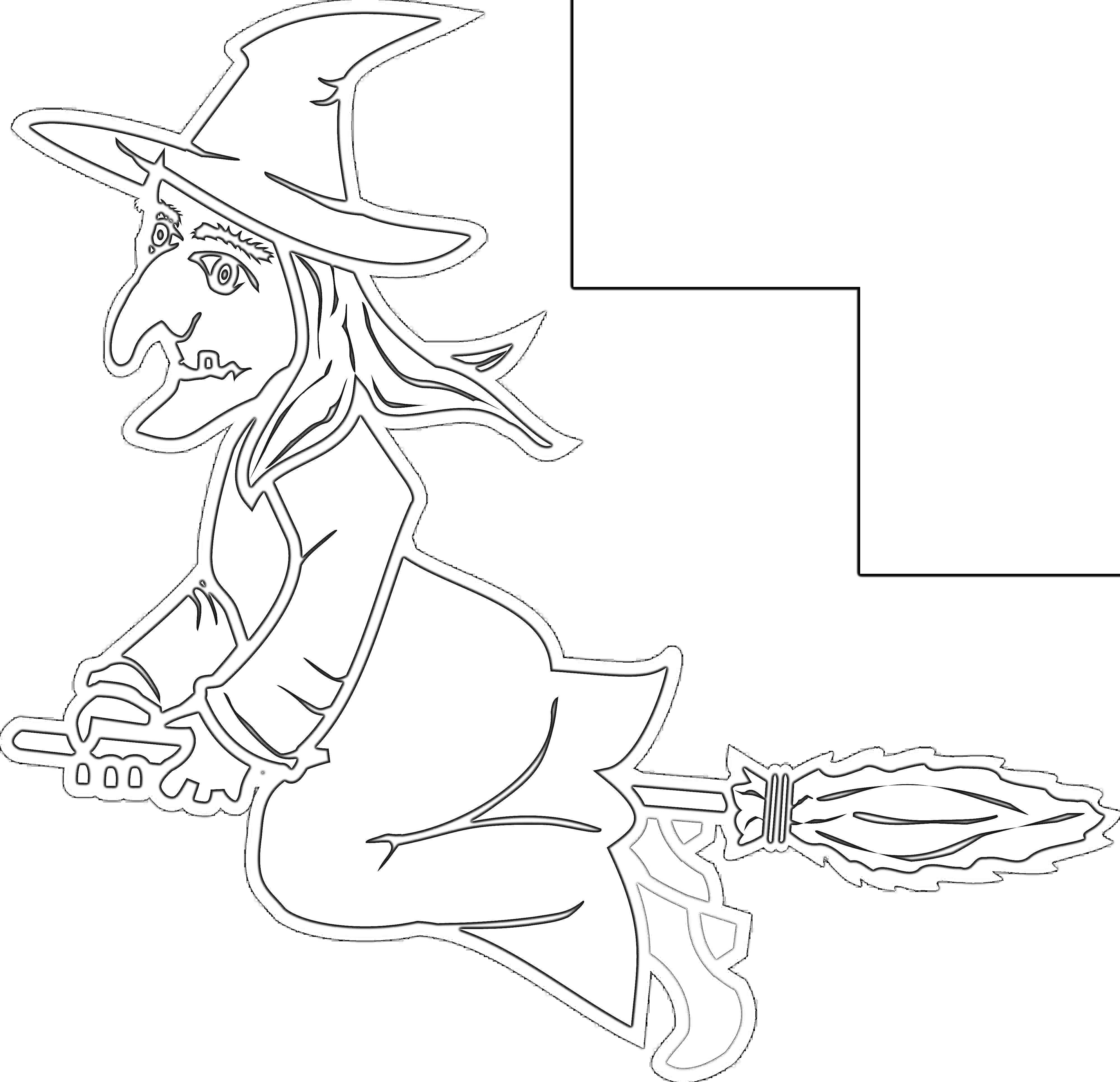 На раскраске изображено: Ведьма, Метла, Шляпа, Длинный нос, Для детей, Хэллоуин, Летающая ведьма