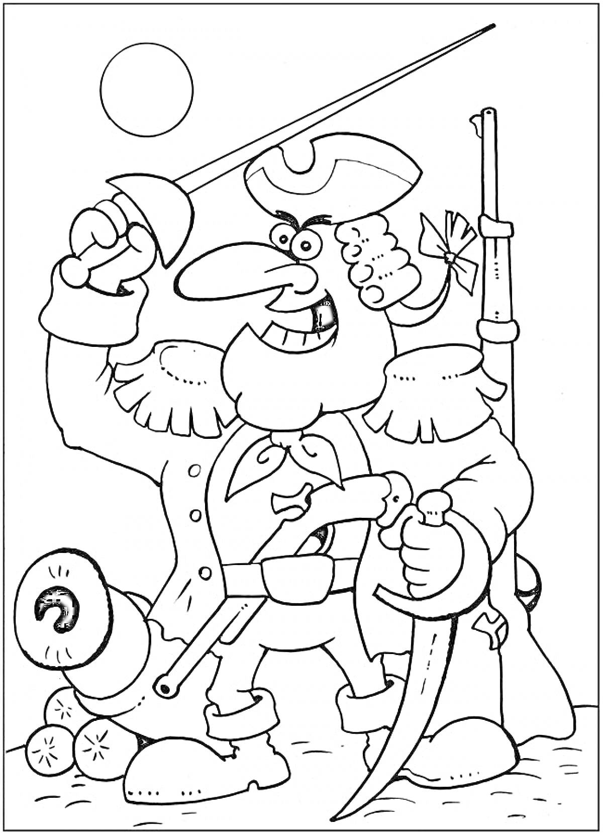 Раскраска Доктор Ливси в пиратской одежде с саблей и мушкетом