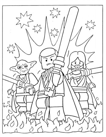 Раскраска Лего персонажи из Звездных войн с световыми мечами на фоне звезд и огня