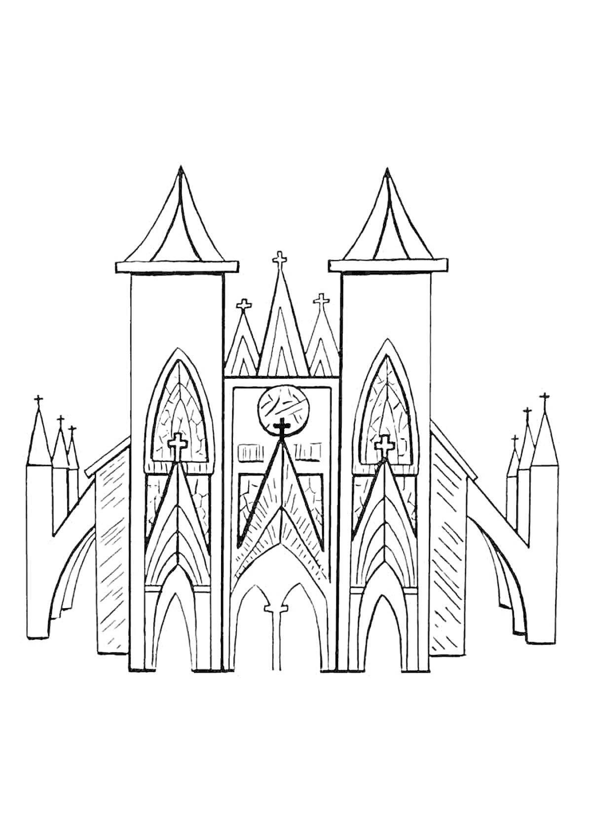 На раскраске изображено: Готика, Собор, Архитектура, Башни, Церковь, Средневековье