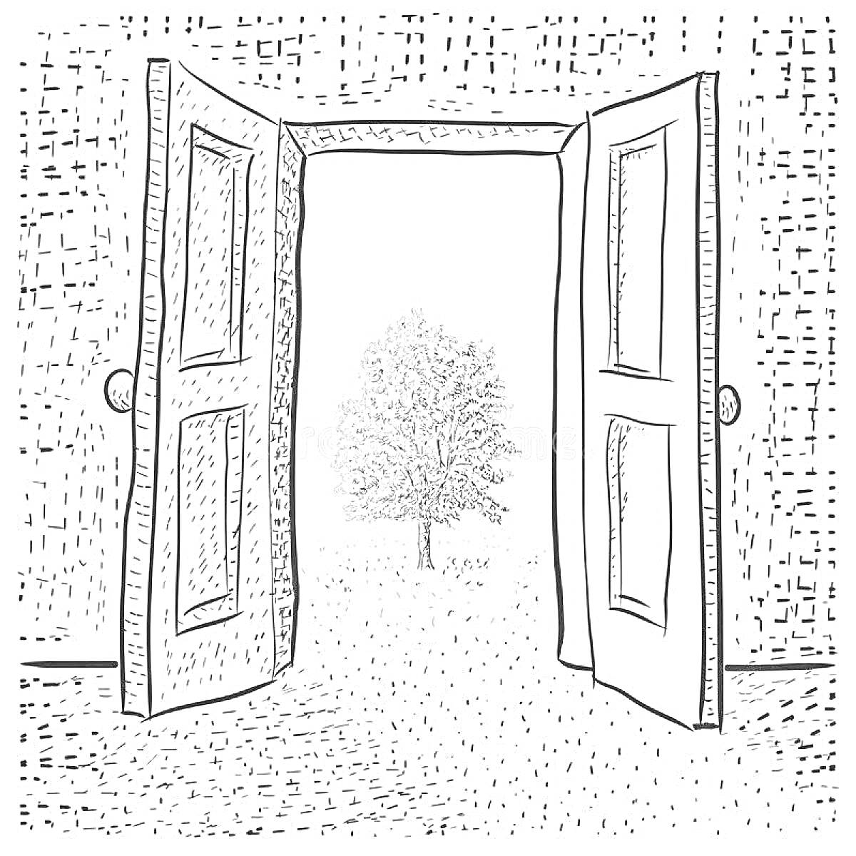 Раскраска Раскрытая дверь в стене с видом на дерево