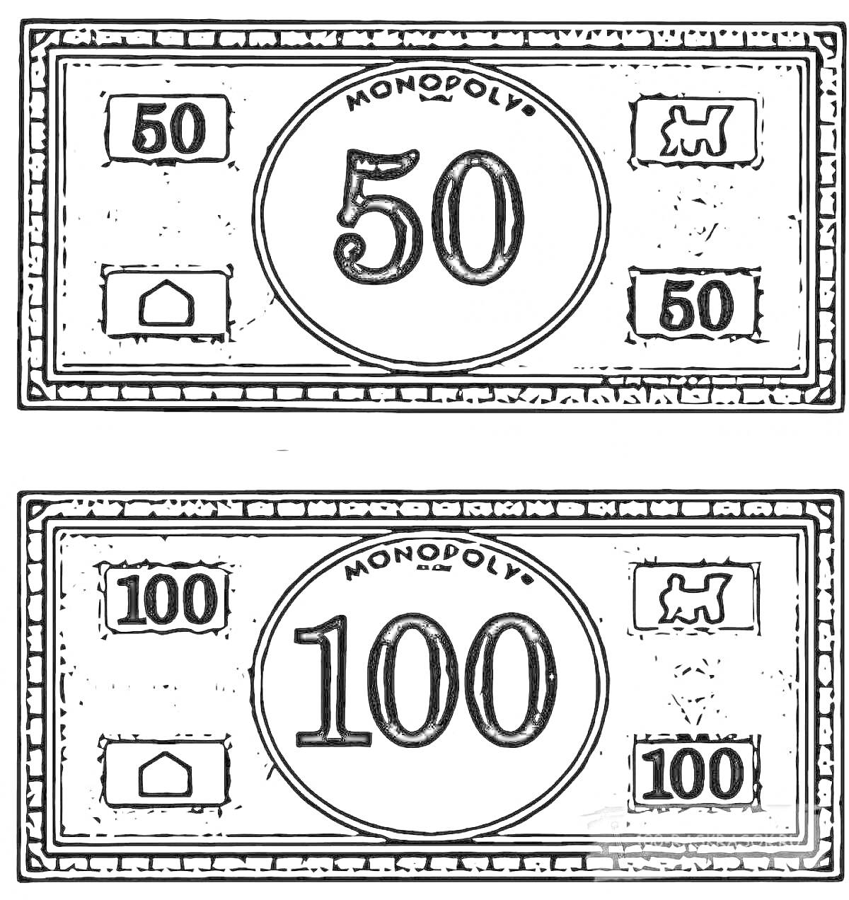 На раскраске изображено: Деньги, Монополия, Номиналы, 100, Настольная игра, Для детей