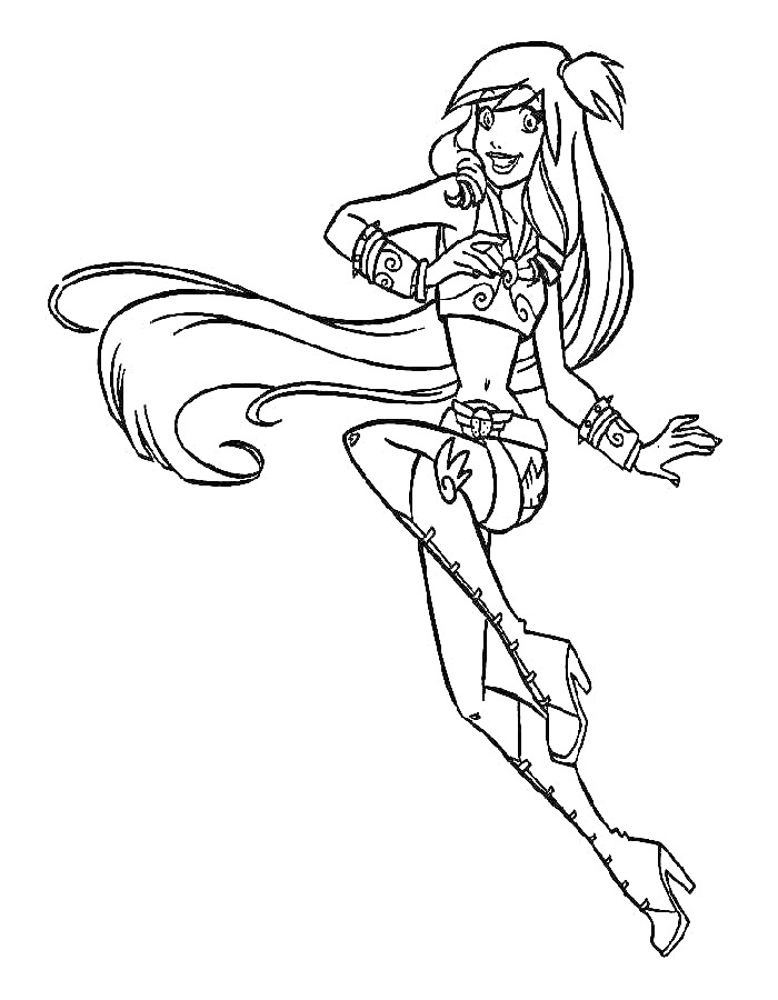 Раскраска Девушка с длинными волосами в аниме-стиле, в высоких ботинках, с браслетами на руках