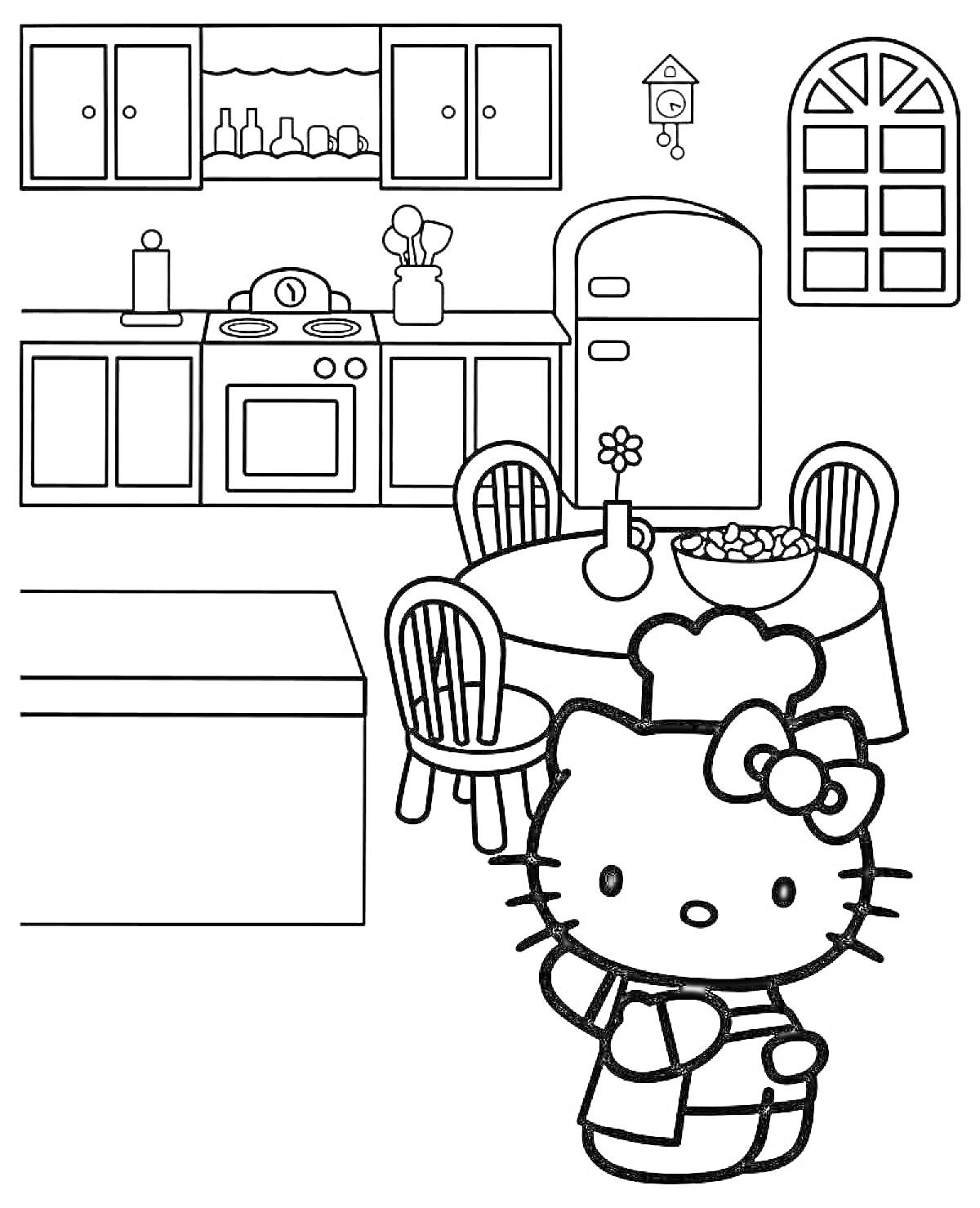 Раскраска Кухня с Hello Kitty, холодильник, шкафчики, стол с фруктами, окно, часы с кукушкой, кастрюли, вазочка с цветком, столовые стулья, кошка в фартуке