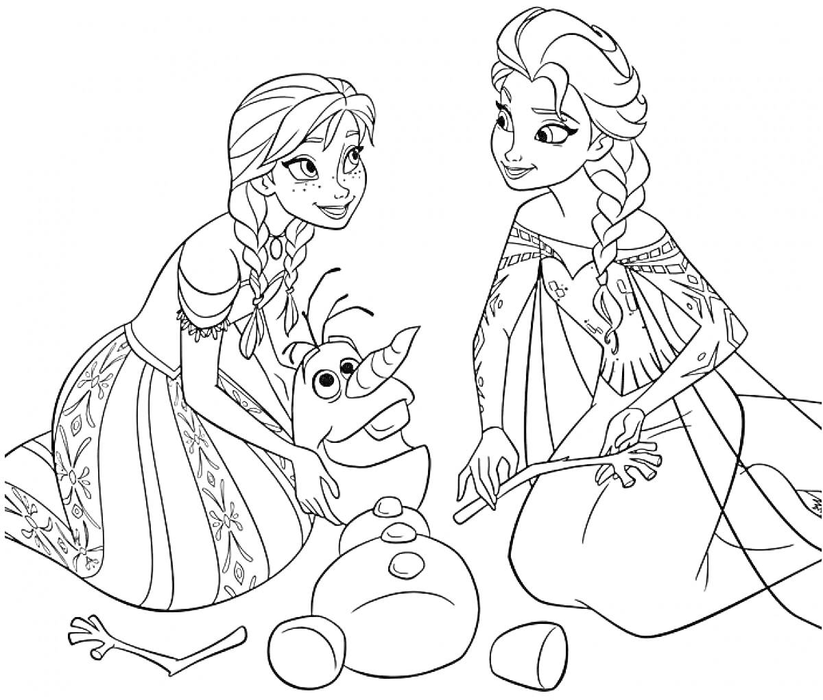 Раскраска Эльза и Анна собирают снеговика Олафа