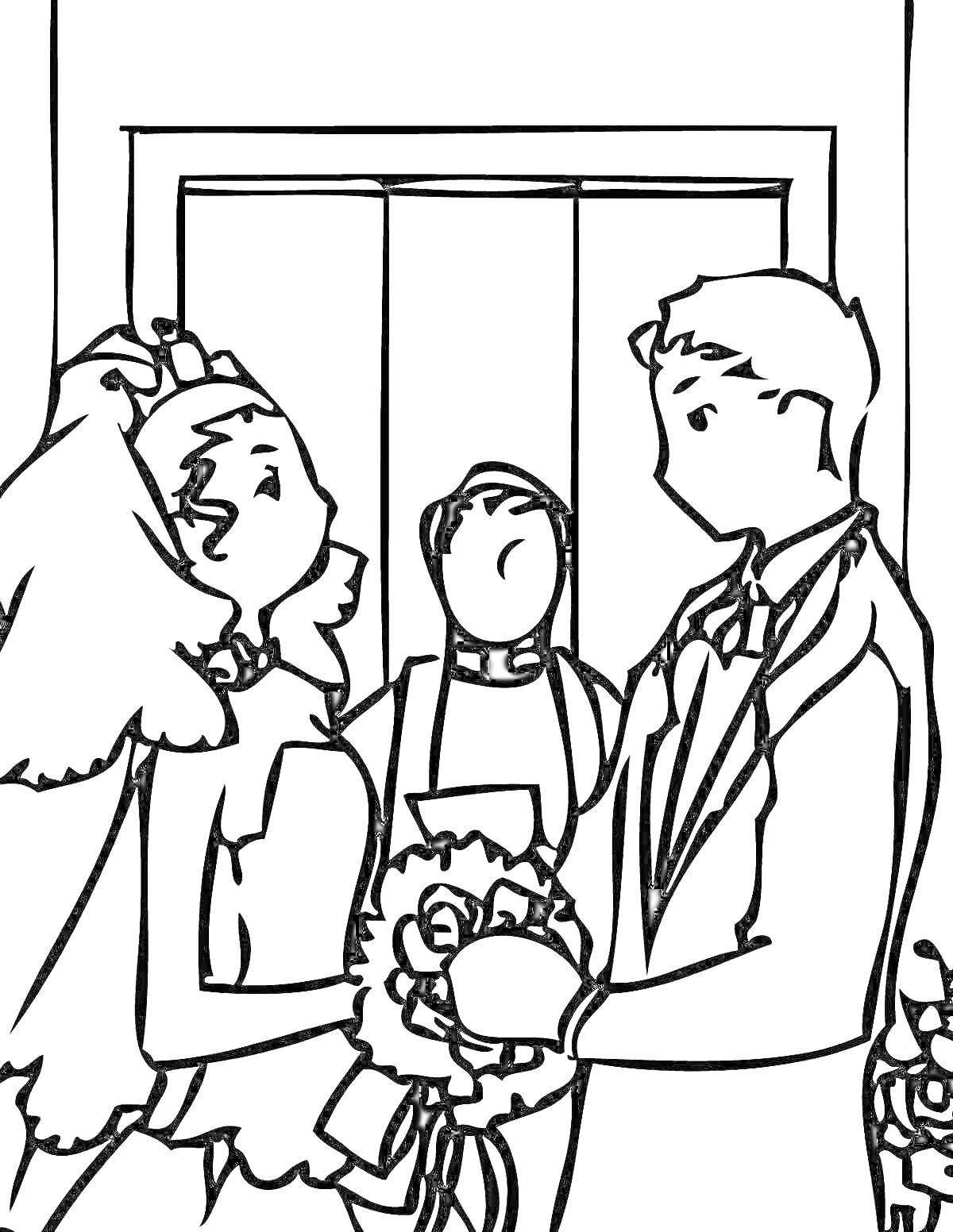 На раскраске изображено: Жених, Невеста, Свадьба, Церемония, Любовь, Романтика, Свадебное платье, Костюм