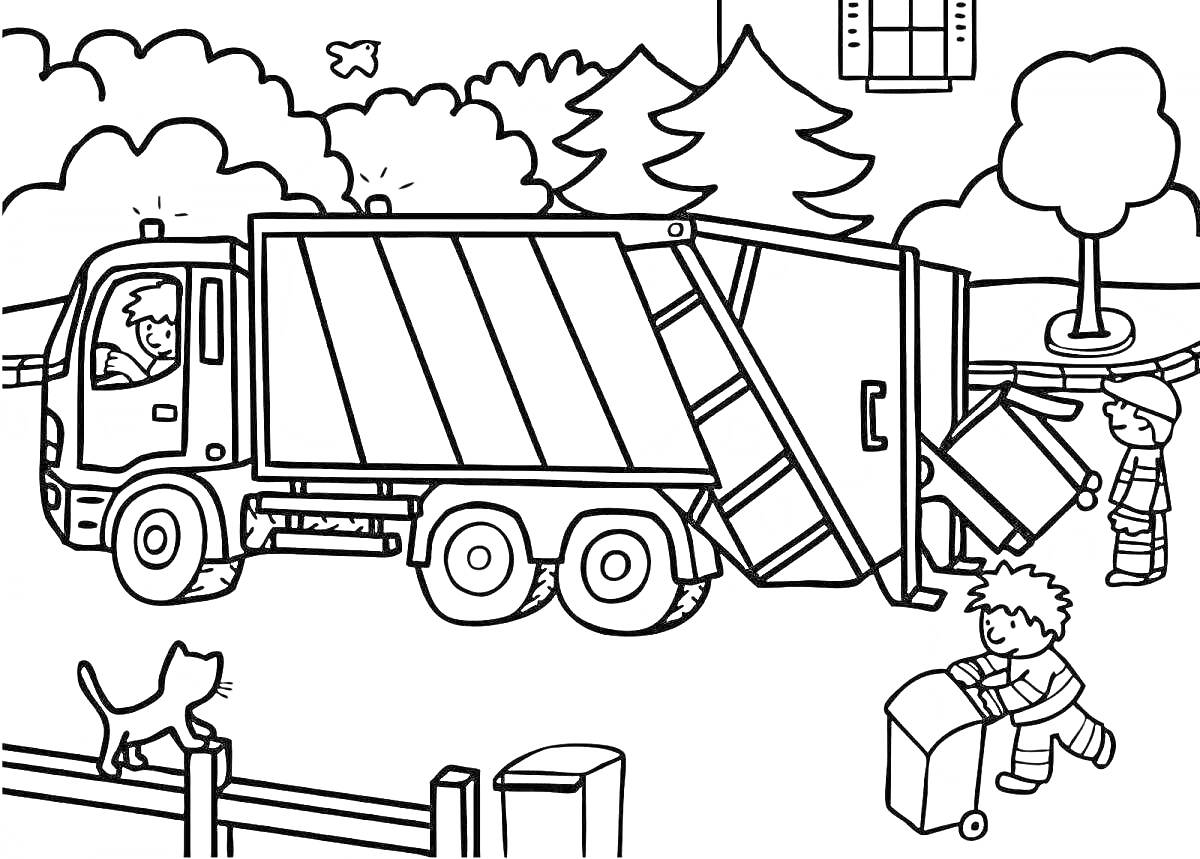 Раскраска Мусоровоз с водителем и рабочими на детской площадке с кошкой, деревьями и домами