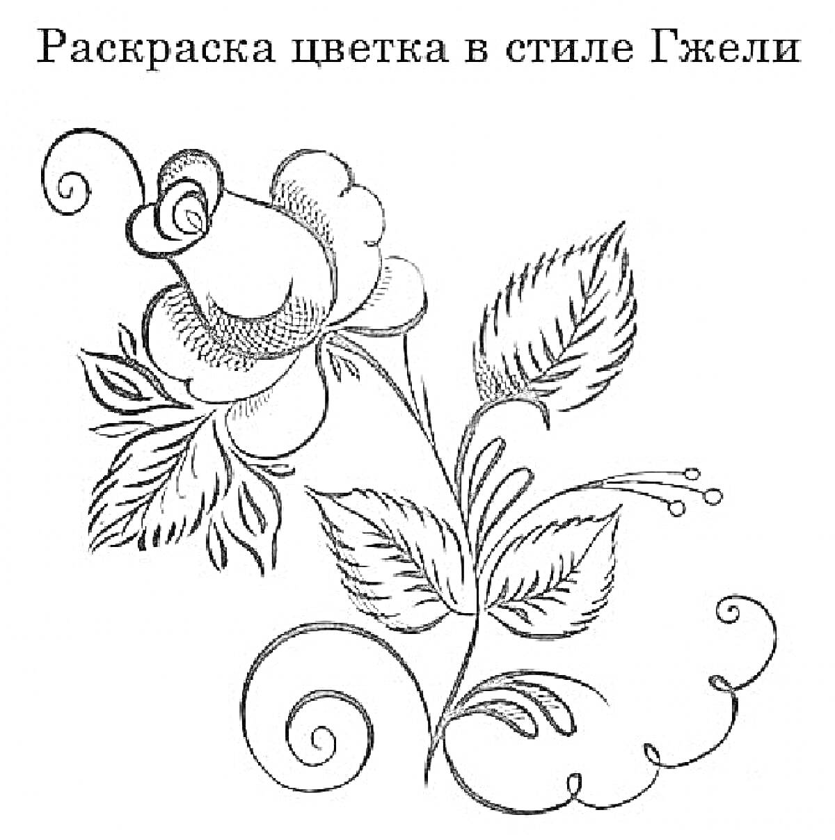 Раскраска цветка в стиле Гжели с лепестками, завитками и листьями