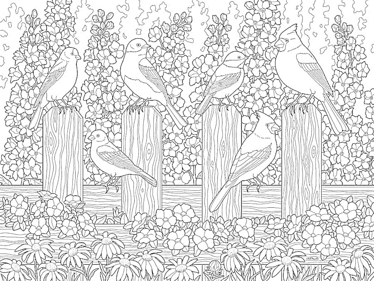 Раскраска Птицы на столбах среди цветов и кустарников