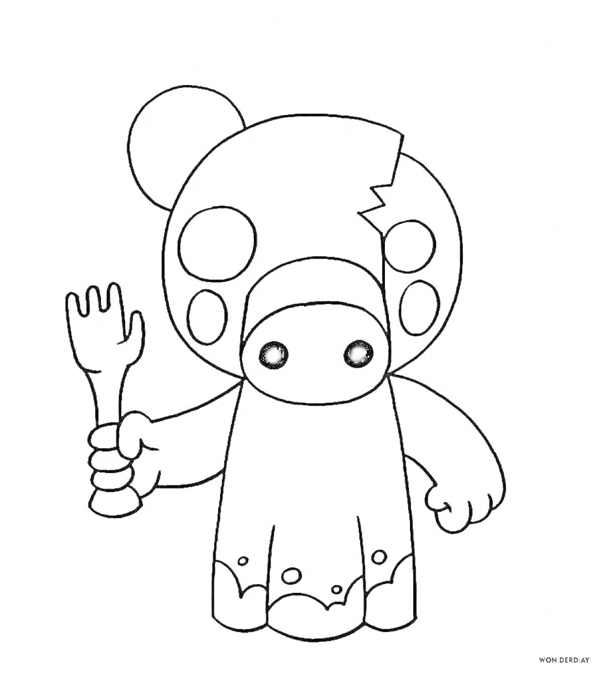Раскраска Пигги из Роблокс, персонаж с трещиной на голове, держит вилку