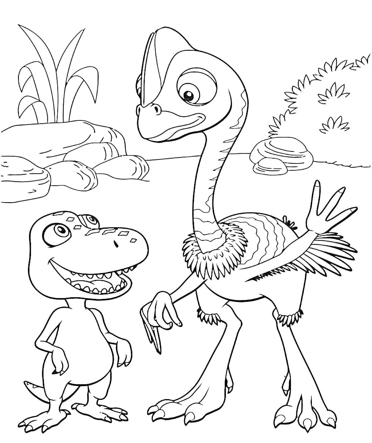 Раскраска Турбозавры среди камней и растений