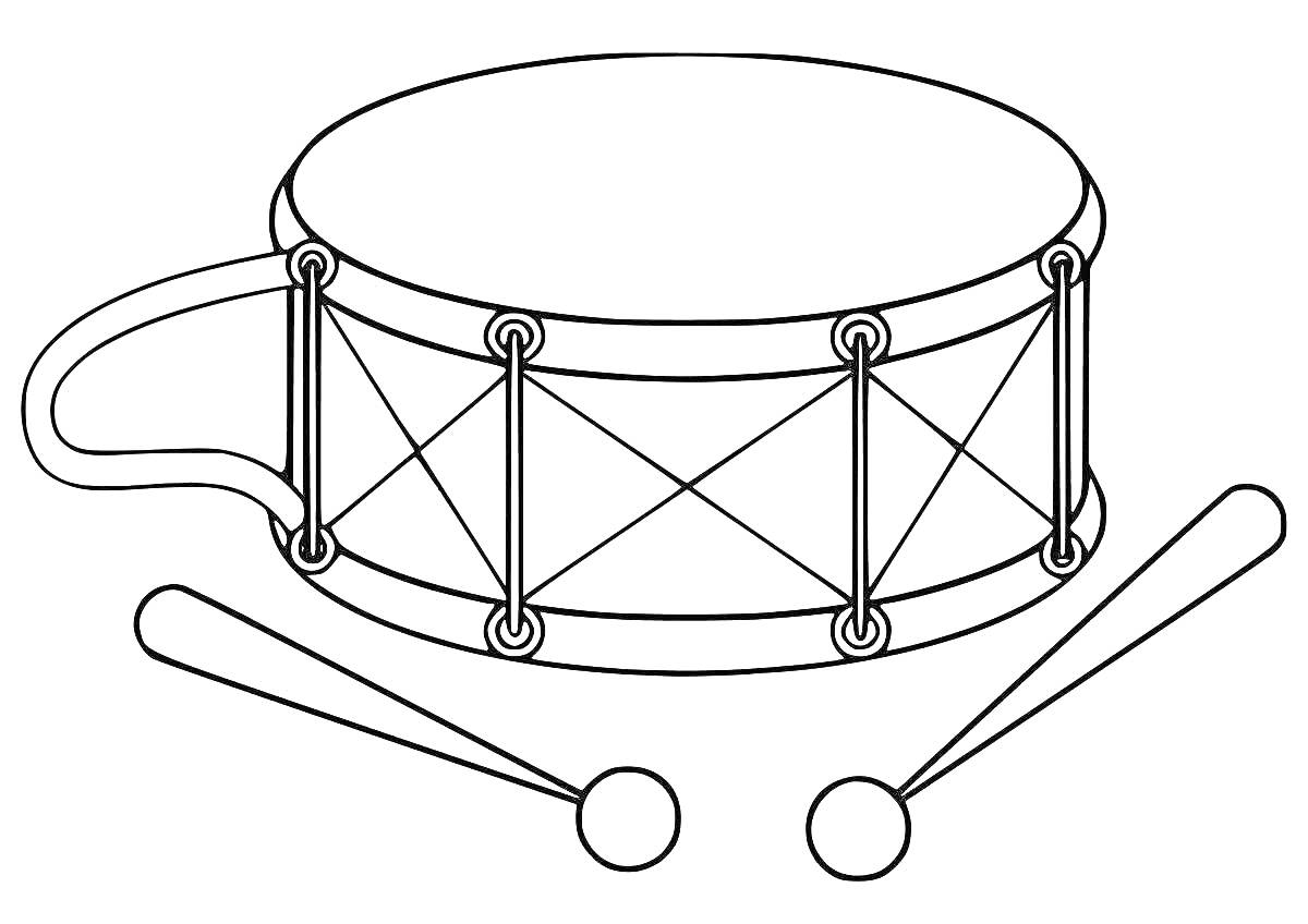 На раскраске изображено: Барабан, 3-4 года, Перкуссия, Барабанные палочки, Музыкальные инструменты