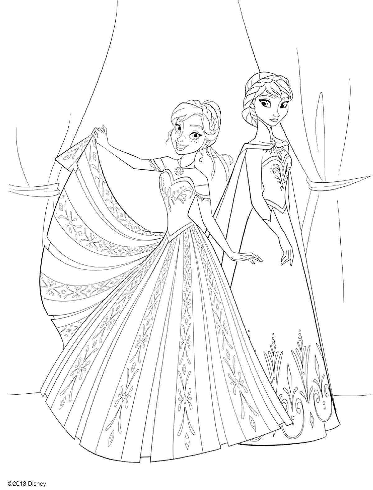 Раскраска Две принцессы в шикарных платьях, одна держит край своего платья, стоят на фоне окон со шторами