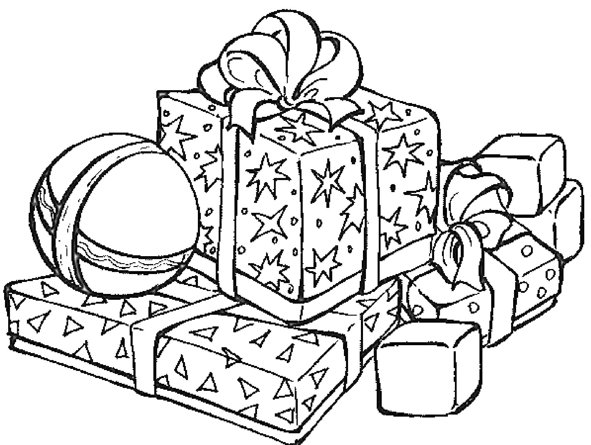 На раскраске изображено: Подарки, Рождество, Упаковка, Праздничное настроение, Украшения, Бант, Новогодние шары, Праздники