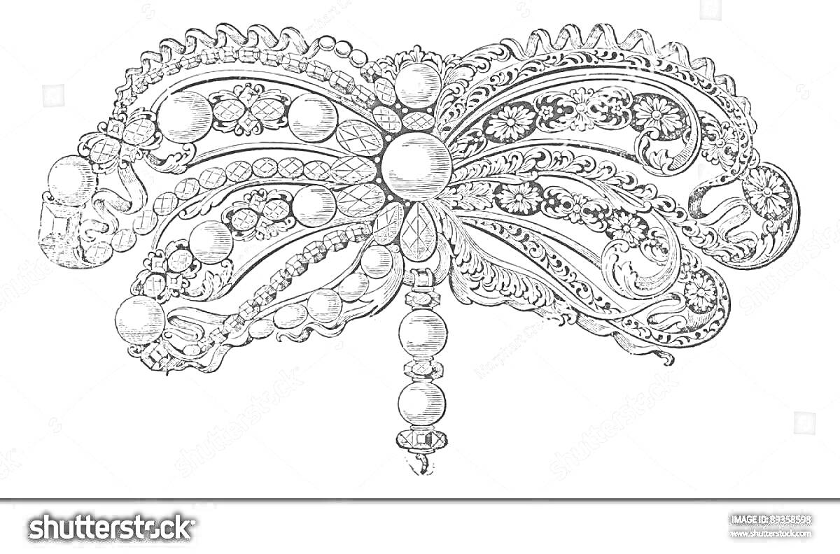 Раскраска Брошь в форме банта с жемчужинами и украшенная витиеватыми узорами