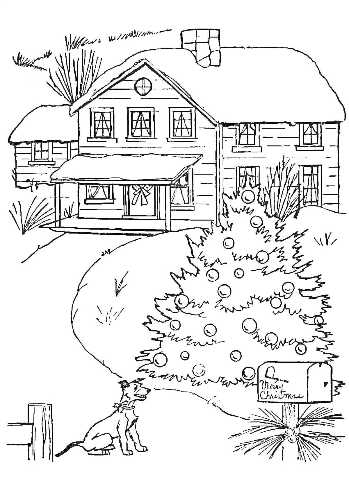 На раскраске изображено: Дом, Зима, Рождественская елка, Собака, Снег, Украшения, Рождество, Праздничные украшения, Природа