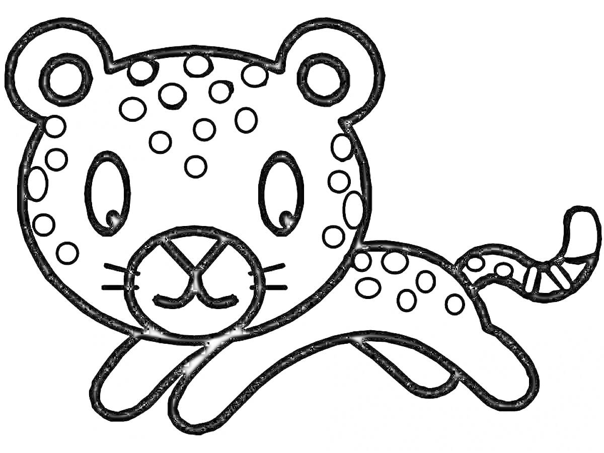 Раскраска Леопард мультипликационный, стоящий в профиль с полосатым хвостом