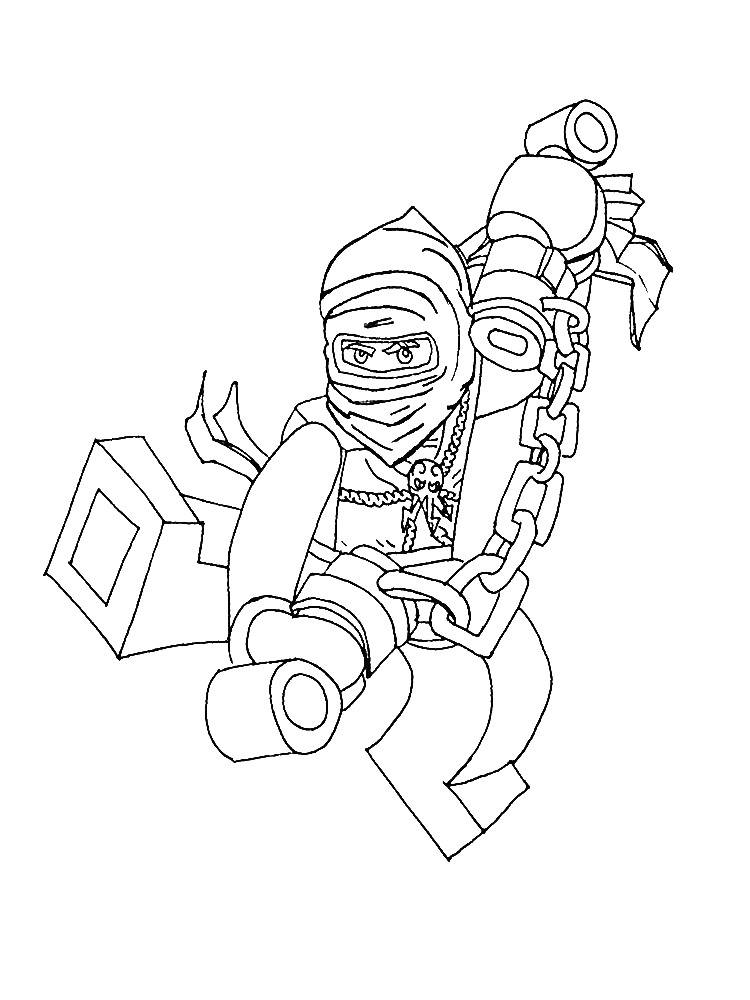 Раскраска Лего Ниндзя Го воин с цепями и броней, маска, оружие в руке