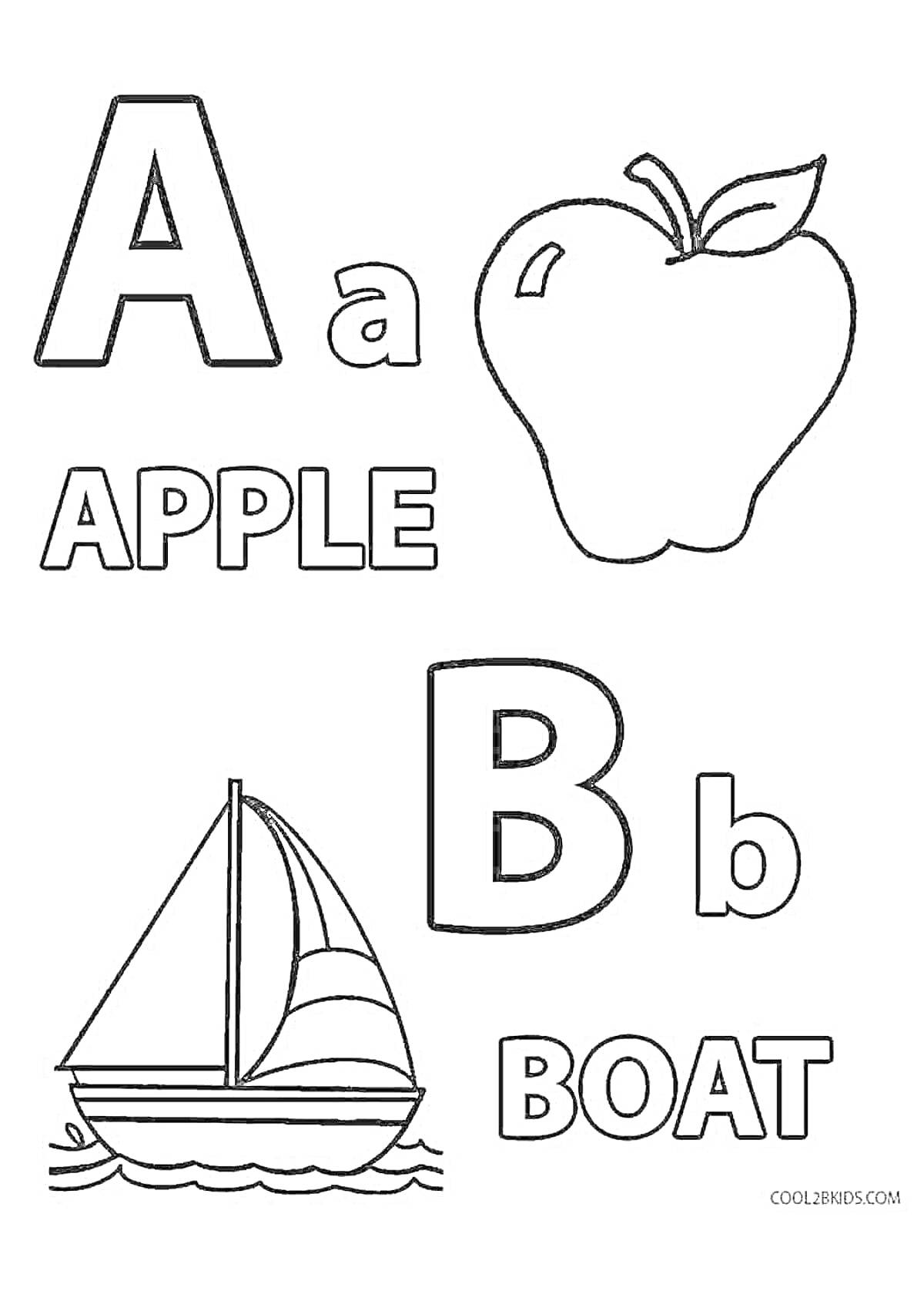 Раскраска Алфавит ЛОР:A для яблока и B для лодки с изображениями яблока и парусной лодки.