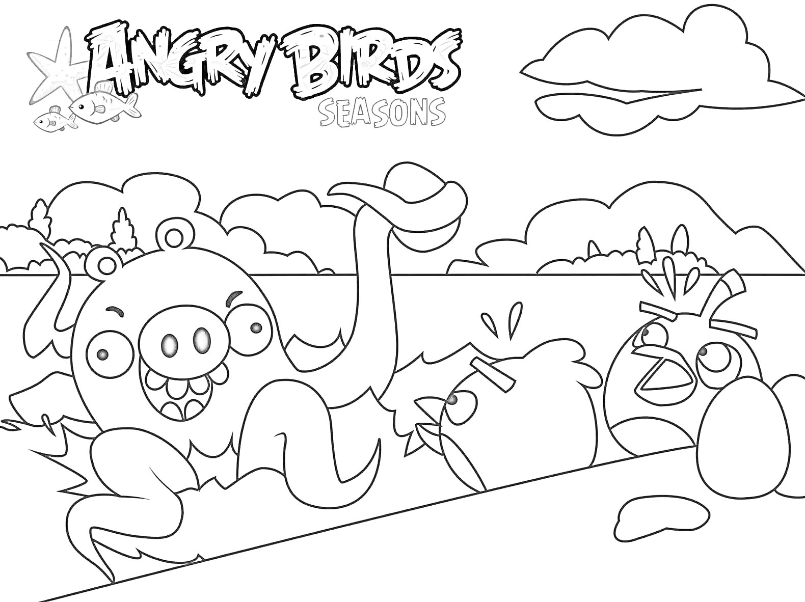 Раскраска Свинья на пляже, Angry Birds, два птички, море с островом на заднем плане.