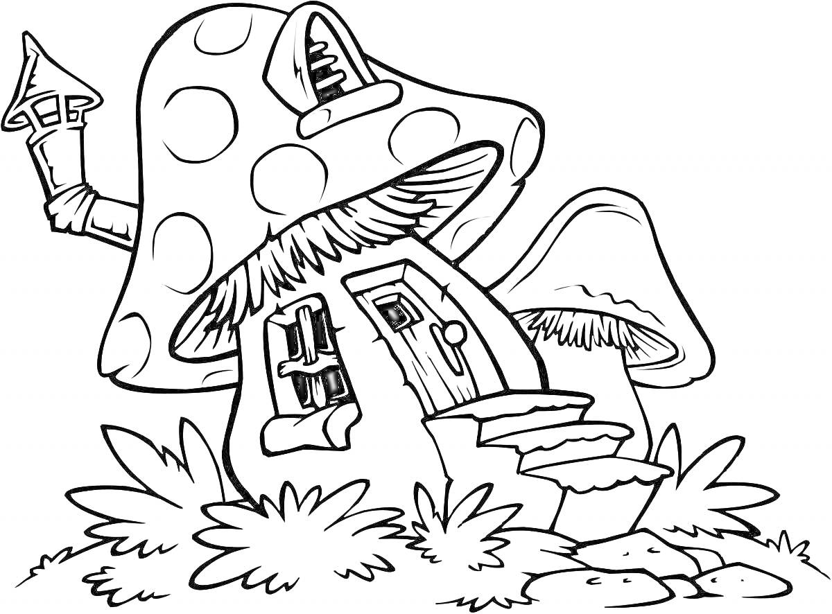 Раскраска Домик-грибок с окошком, дверью, лестницей и трубой