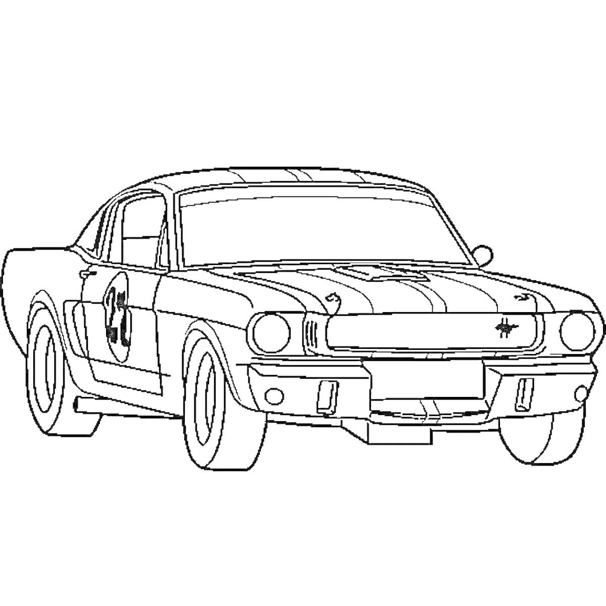 Раскраска Машина со спортивной полосой и номером на двери, Ford Mustang с округлыми колесами