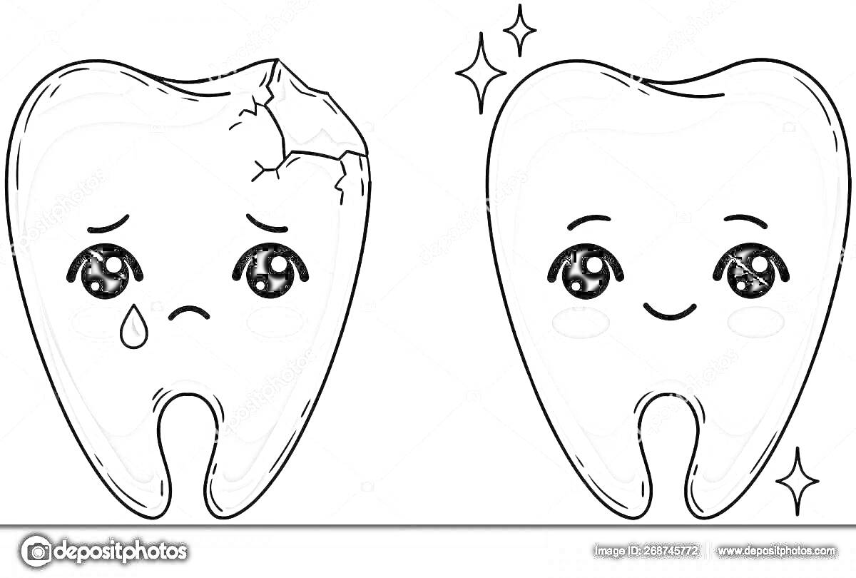 Раскраска Зубы – грустный с трещиной и слезой рядом с улыбающимся чистым зубом со звёздочками