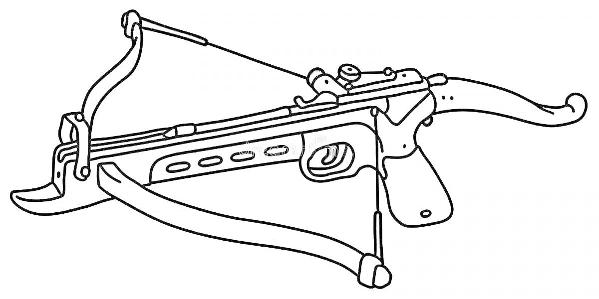 Раскраска Арбалет с прикладом, тетивой и спусковым крючком