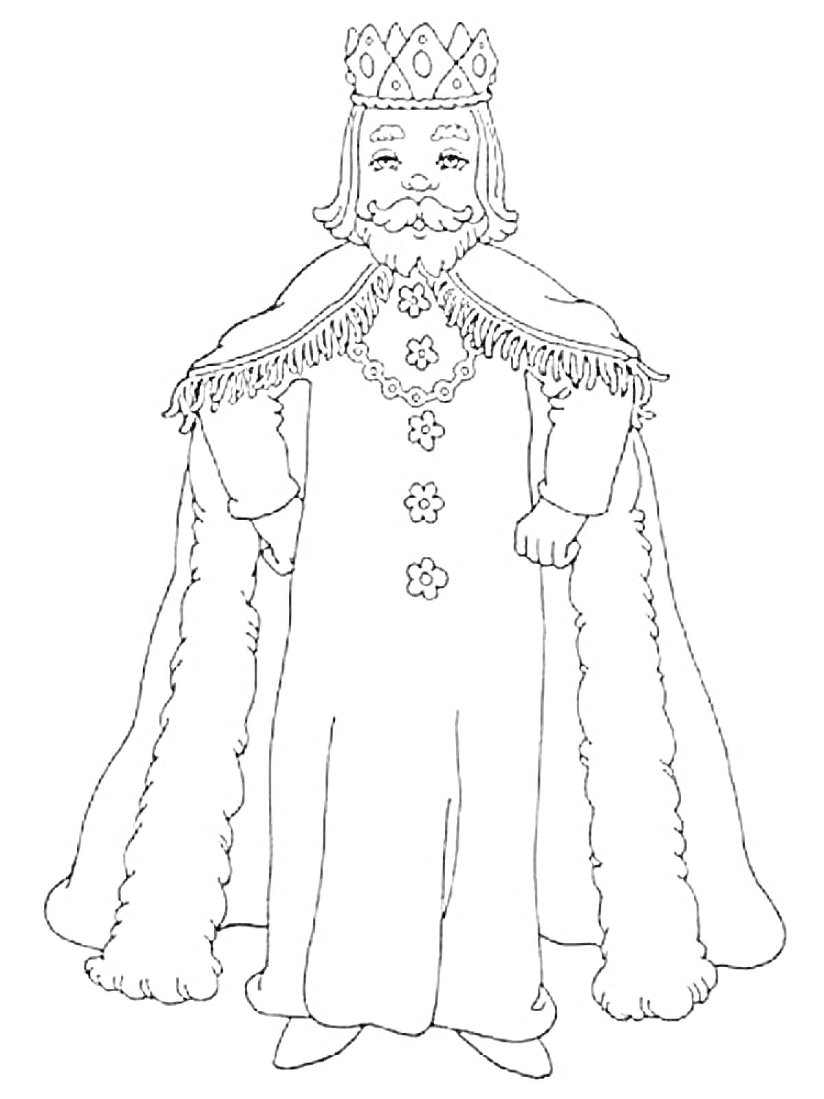 На раскраске изображено: Царь, Корона, Мантия, Длинные волосы, Борода