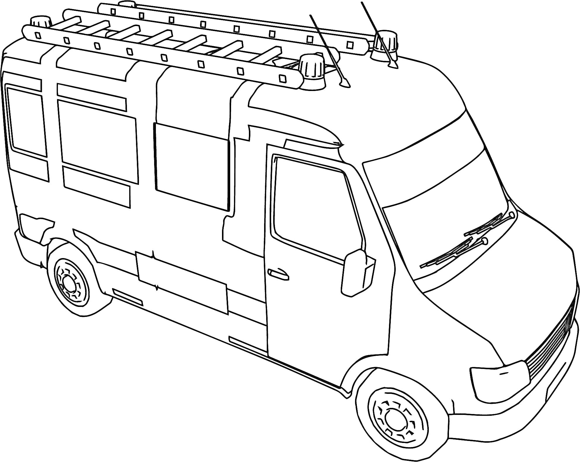 На раскраске изображено: Фургон, Багажник, Крыша, Окна, Колеса, Антенны, Дверь, Авто