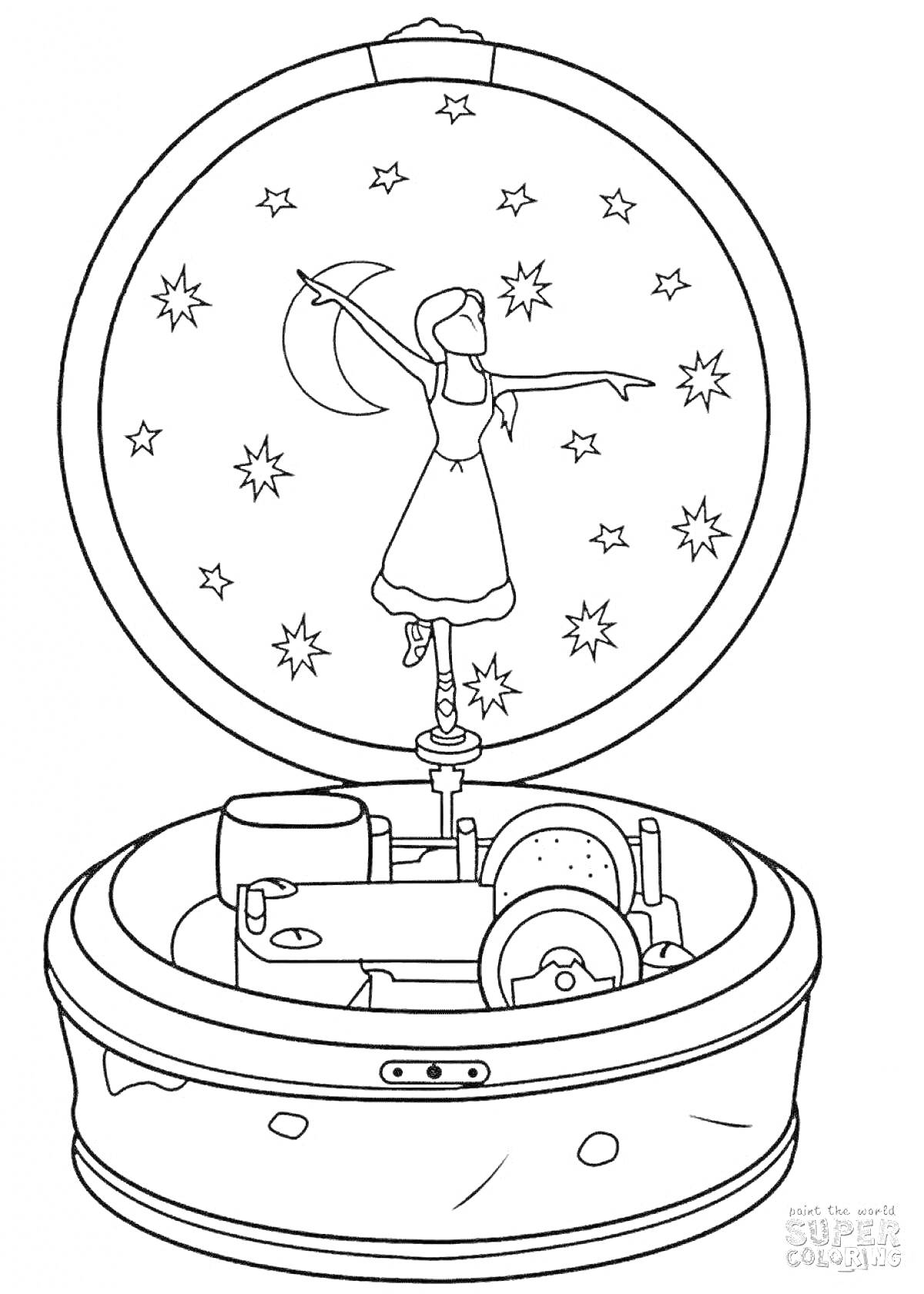 На раскраске изображено: Музыкальная шкатулка, Балерина, Луна, Звезды, Танец, Деталь, Игра, Музыка