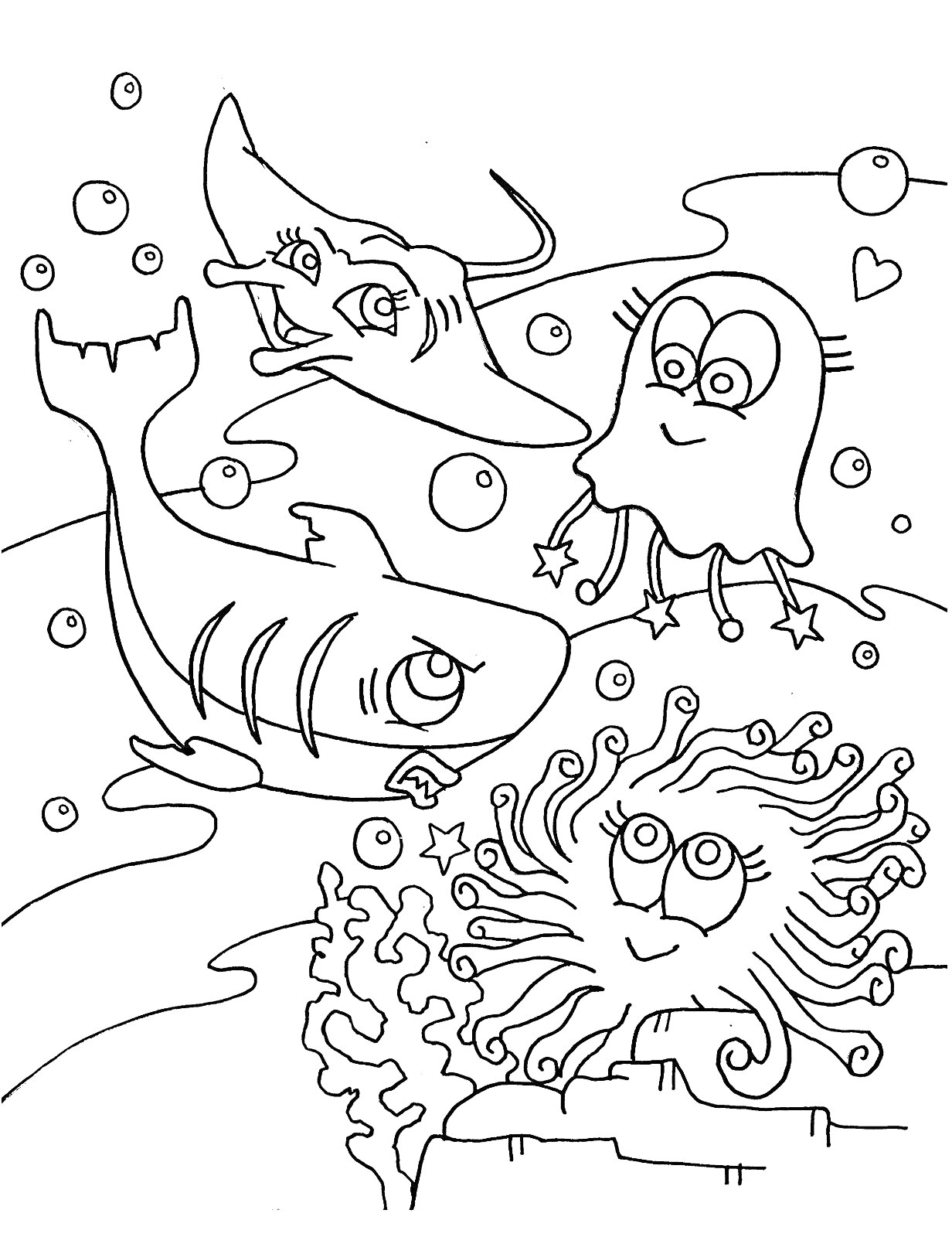 На раскраске изображено: Рыба, Скат, Медуза, Море, Подводный мир, Кораллы, Пузыри