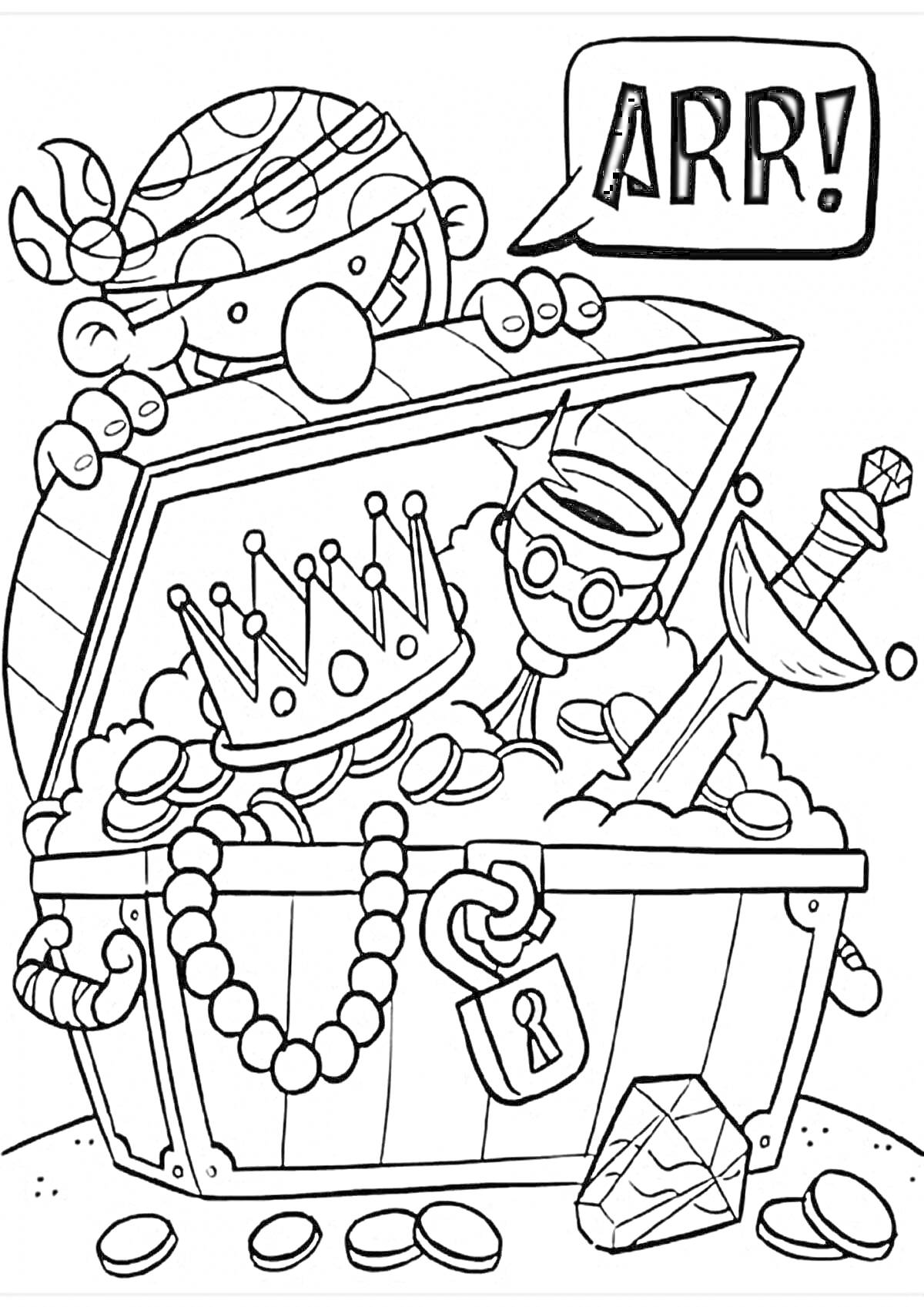 Раскраска Пират с сокровищами в сундуке (монеты, корона, меч, ожерелье и большой драгоценный камень)
