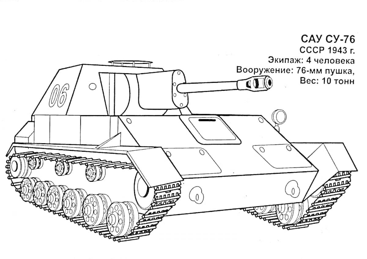 На раскраске изображено: Советский танк, Экипаж, Вооружение, Гусеницы, Военная техника