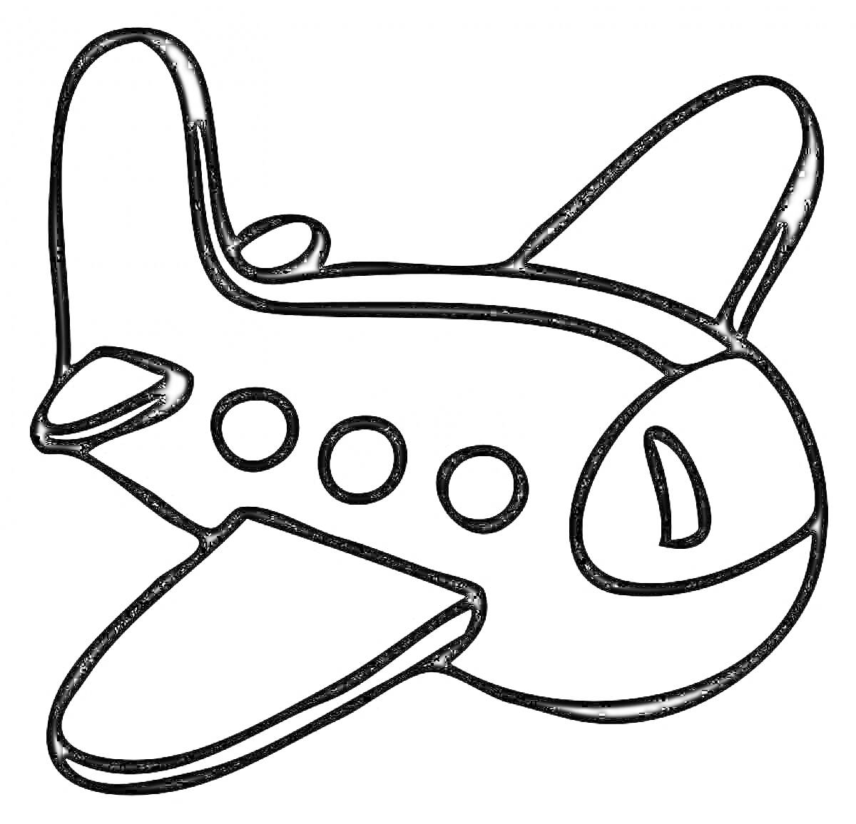 На раскраске изображено: Транспорт, Авиация, Иллюминаторы, Хвост, Крылья, 3-4 года, Для детей, Самолеты