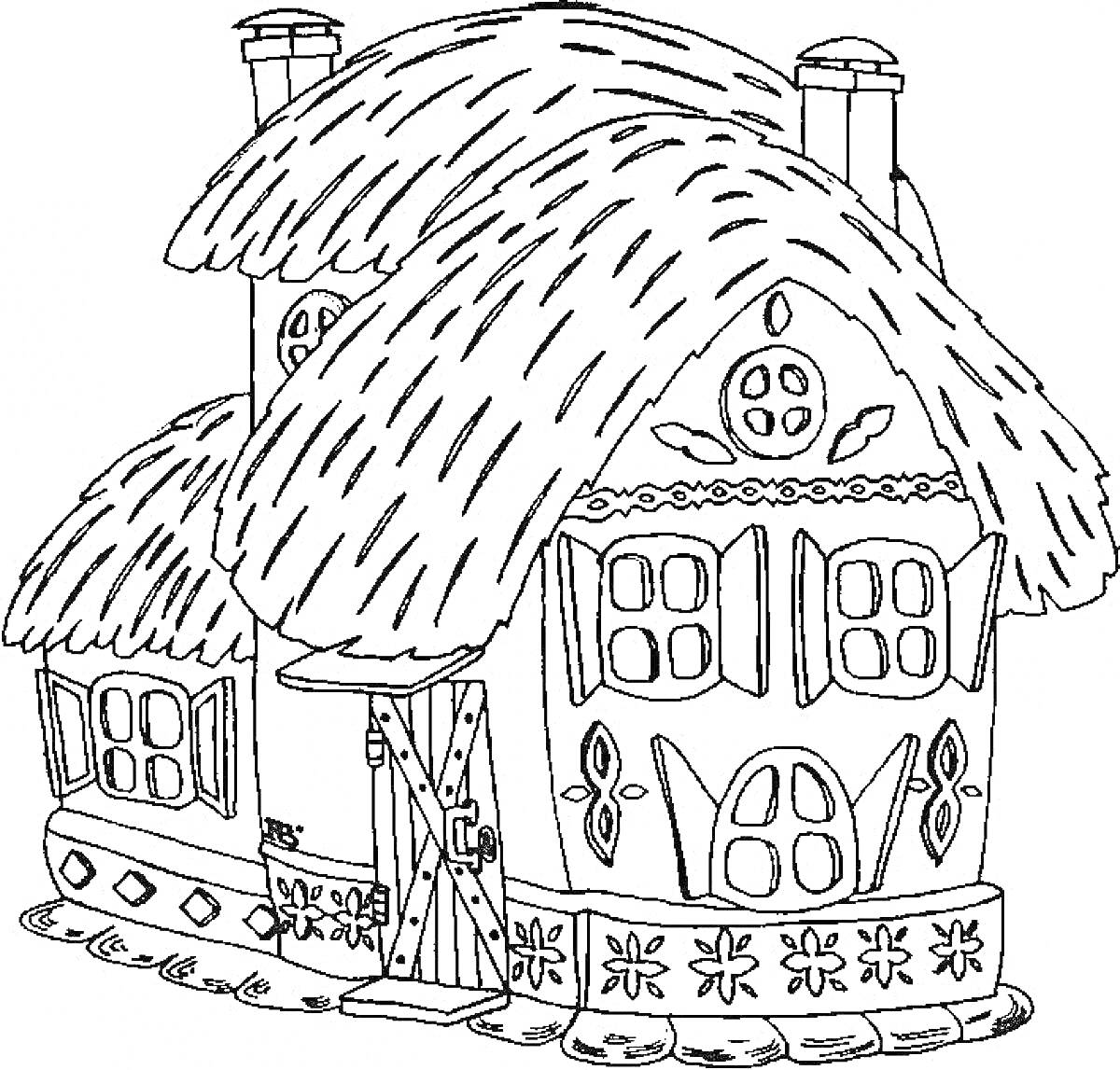 Раскраска Сказочный дом с соломенной крышей, деревянной дверью и украшенными окнами