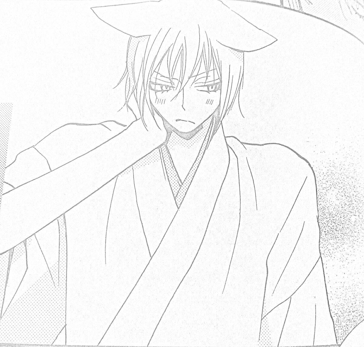 Раскраска Человек с лисьими ушами в кимоно, держащий руку у лица