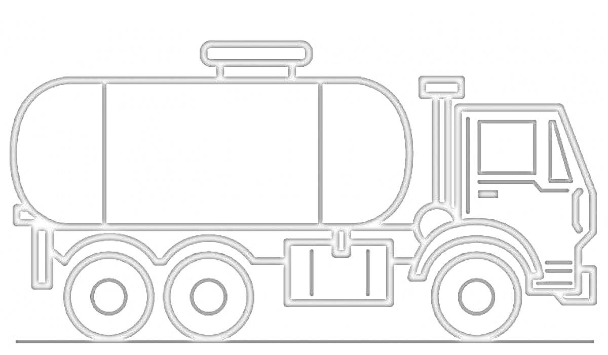 Раскраска Бензовоз с цистерной, кабиной водителя и шести колесами