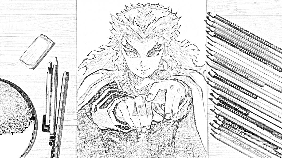 Раскраска Черно-белая раскраска персонажа с выразительным взглядом, окруженного различными художественными принадлежностями, включая карандаш, ластик и набор цветных карандашей