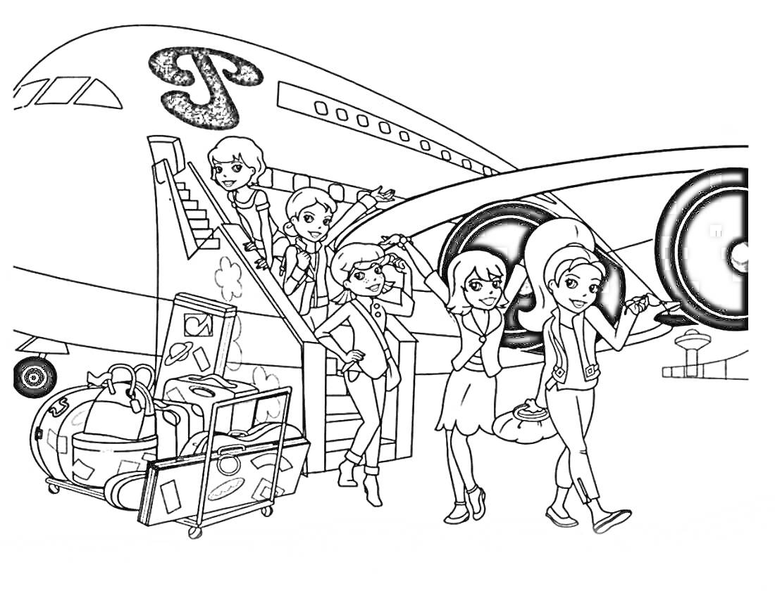На раскраске изображено: Полли Покет, Друзья, Багаж, Аэропорт, Путешествия, Самолеты