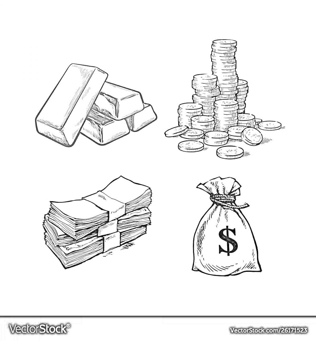 На раскраске изображено: Золото, Слитки, Монеты, Деньги, Финансы, Богатство