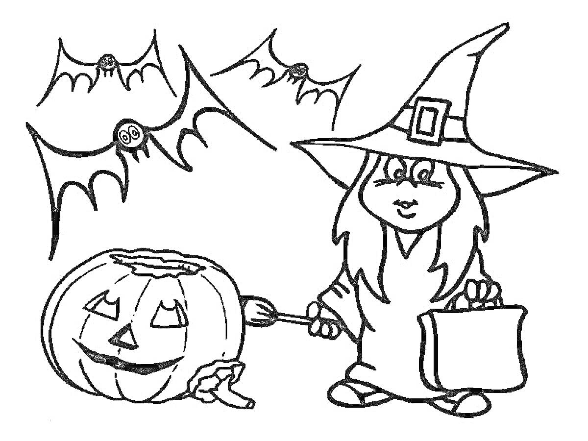 На раскраске изображено: Ведьма, Хэллоуин, Тыква, Сумка, Метла, Свечи, Летучая мышь