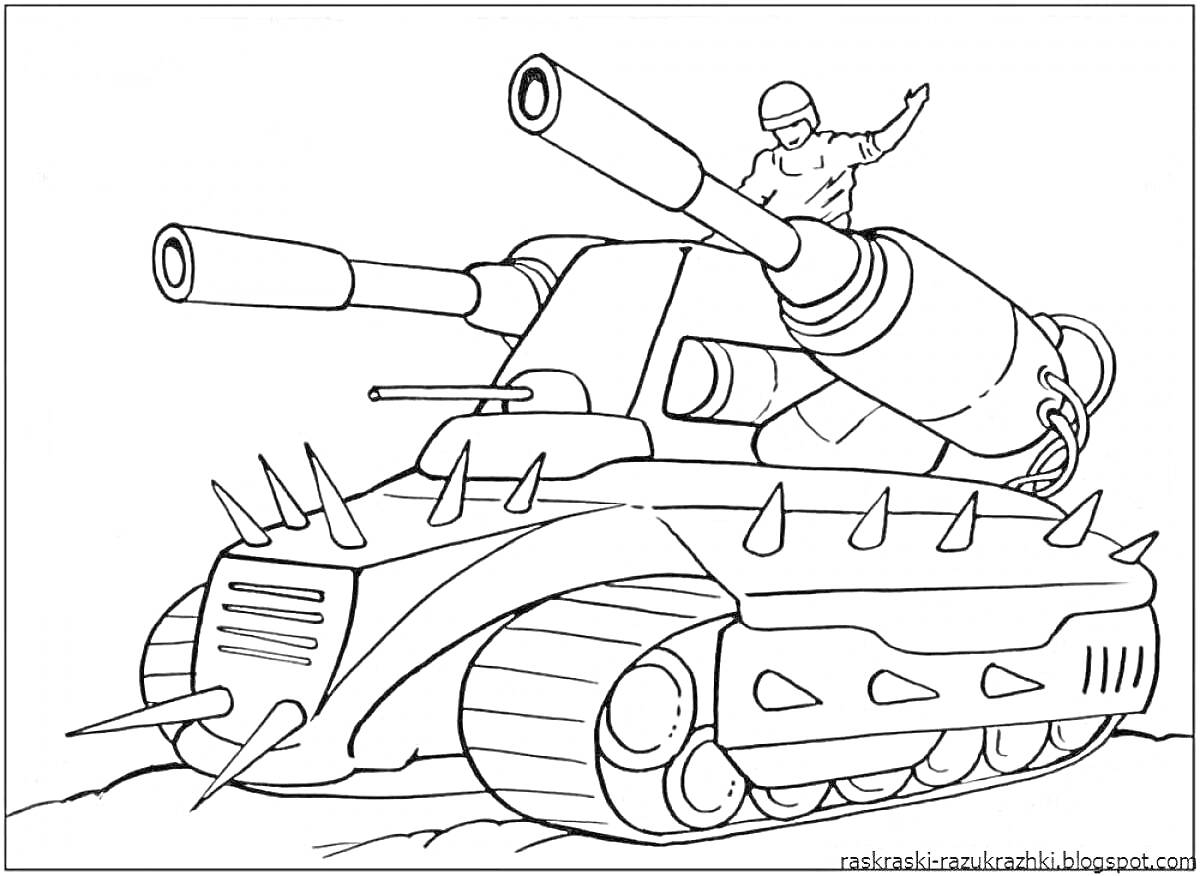 Раскраска Танковый дредноут с двумя пушками и водителем в шлеме