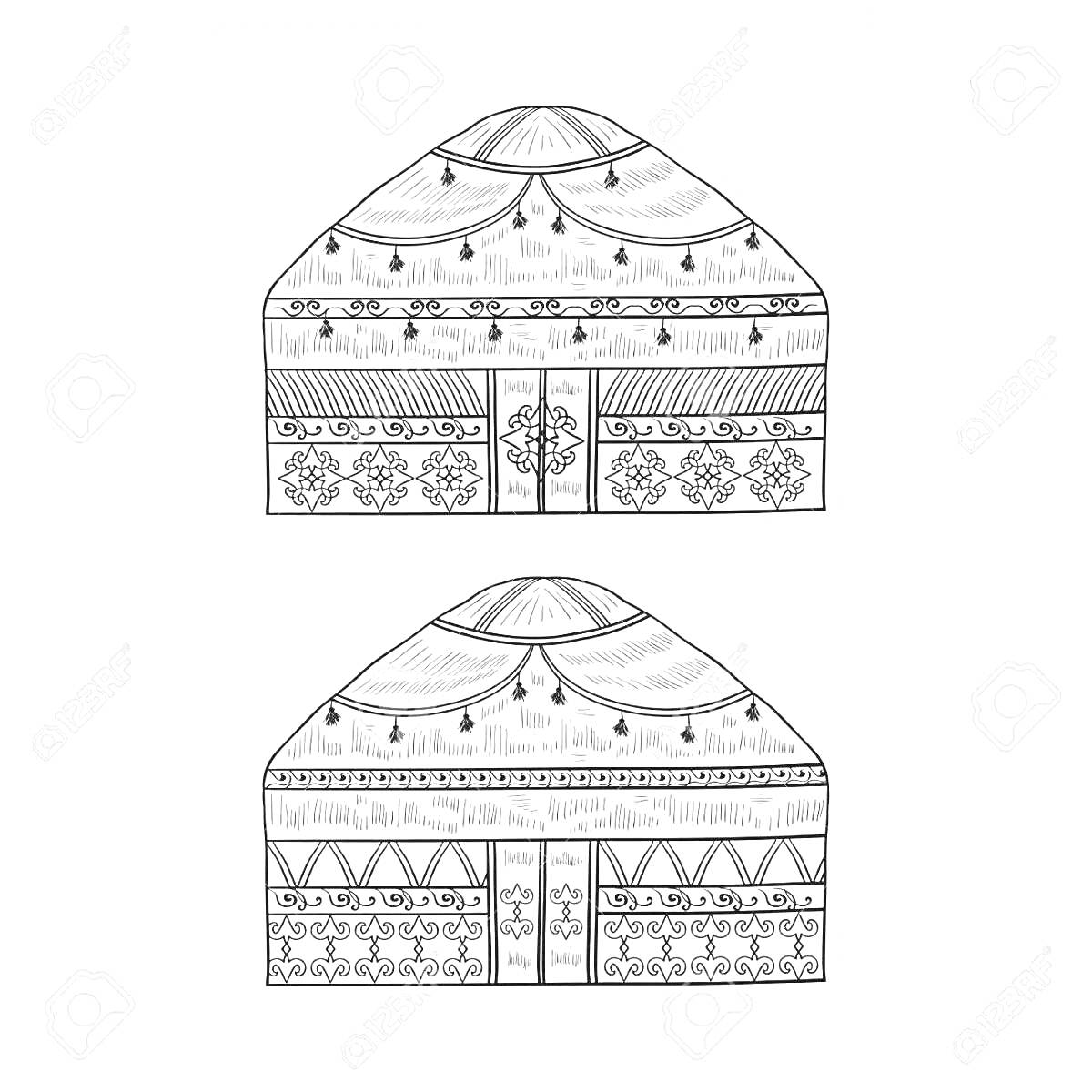 На раскраске изображено: Юрта, Дом, Гирлянда, Лампочки, Узоры, Ромбы, Цветы, Зигзаги