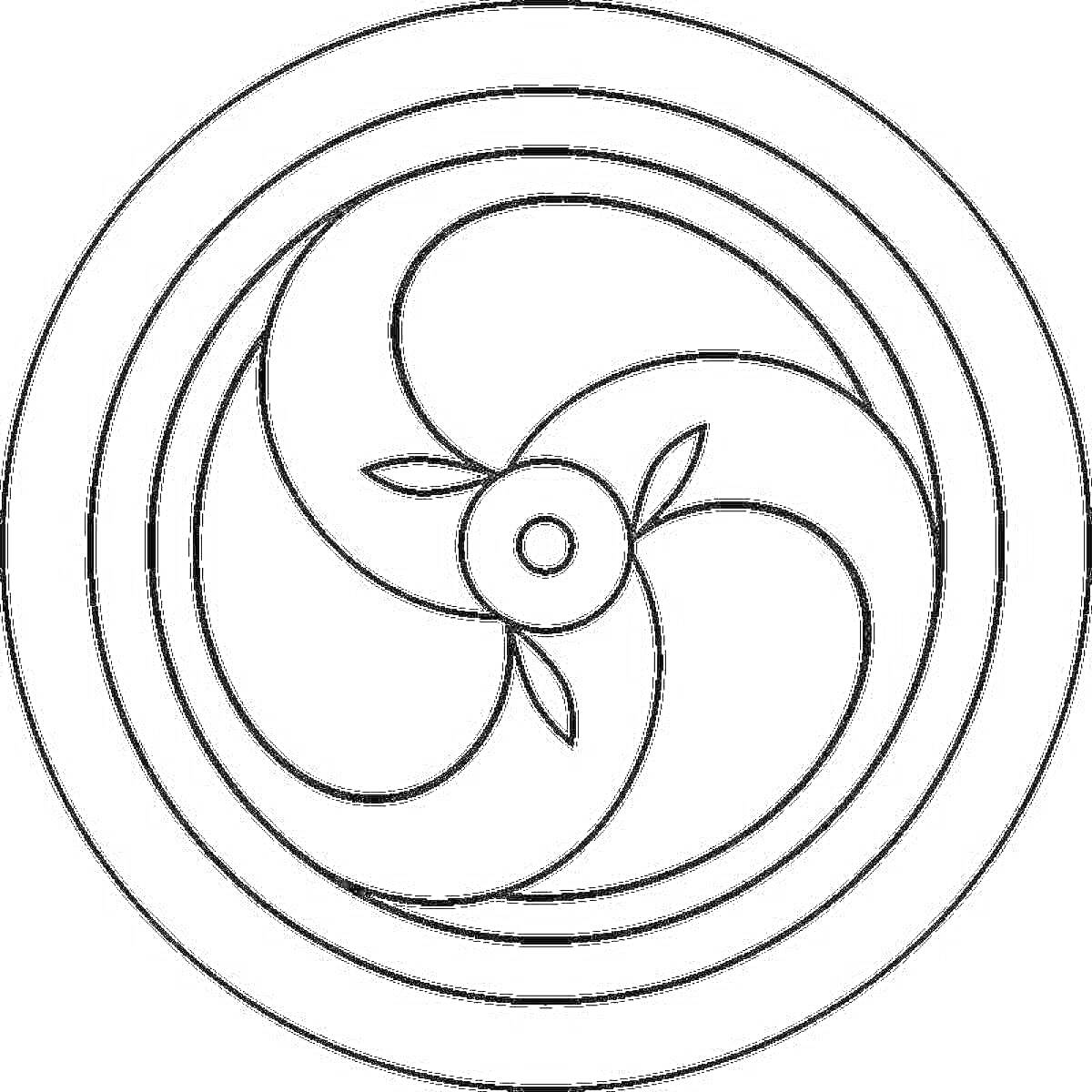 Раскраска круговая спираль с центральным цветком и двумя лепестками, окруженная двумя концентрическими кругами