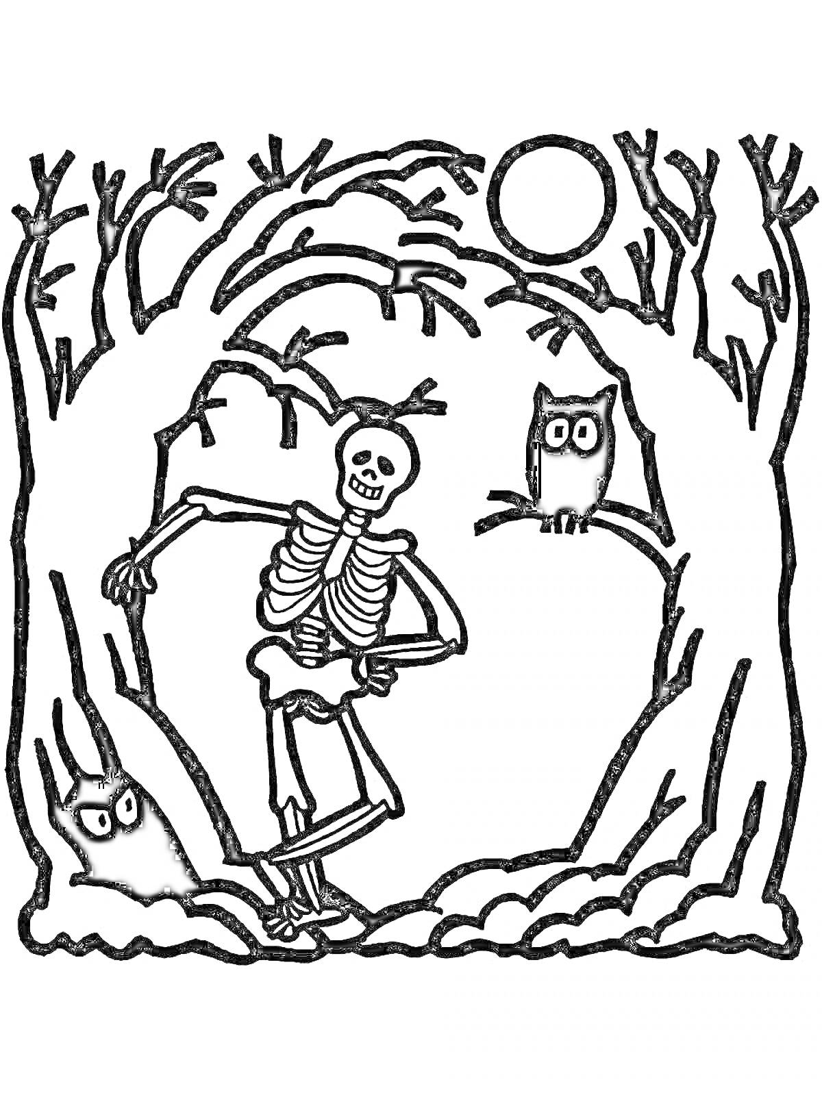 Раскраска Скелетон в лесу с совами при полной луне: скелетон, совы, деревья, луна