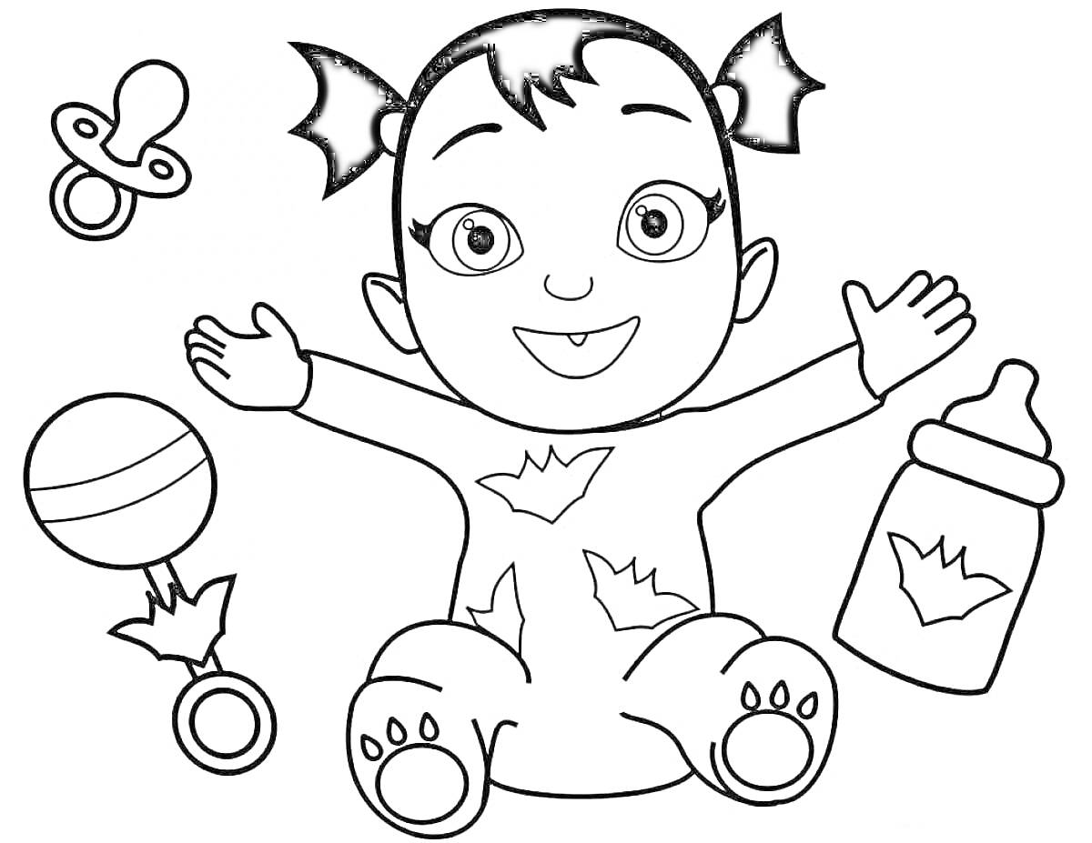 На раскраске изображено: Ребёнок, Костюм, Пустышка, Погремушка, Летучая мышь, Бутылка