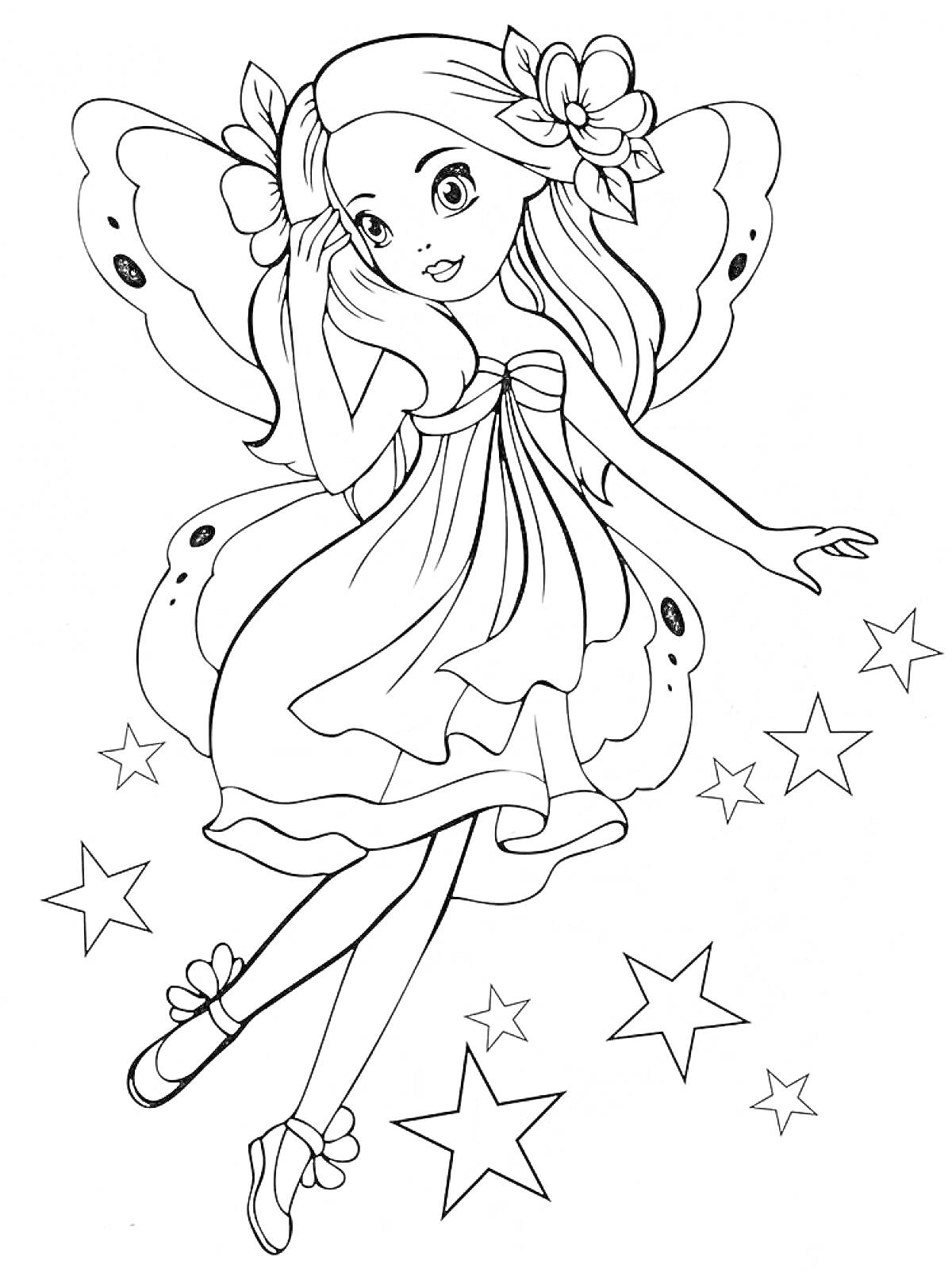 Раскраска Фея с длинными волосами и крыльями, украшенными цветами, в платье, окружённая звёздами