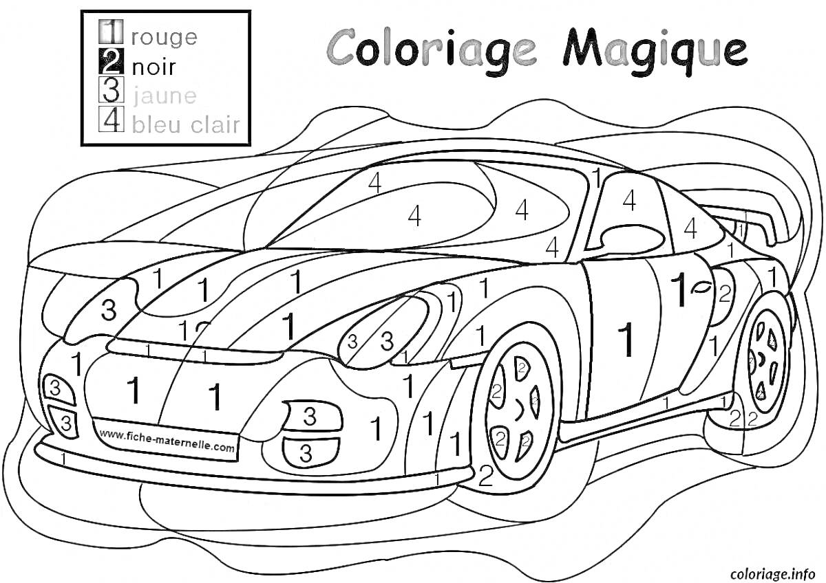 Раскраска Раскраска магическая: спортивный автомобиль с номерами, обозначающими цвета
